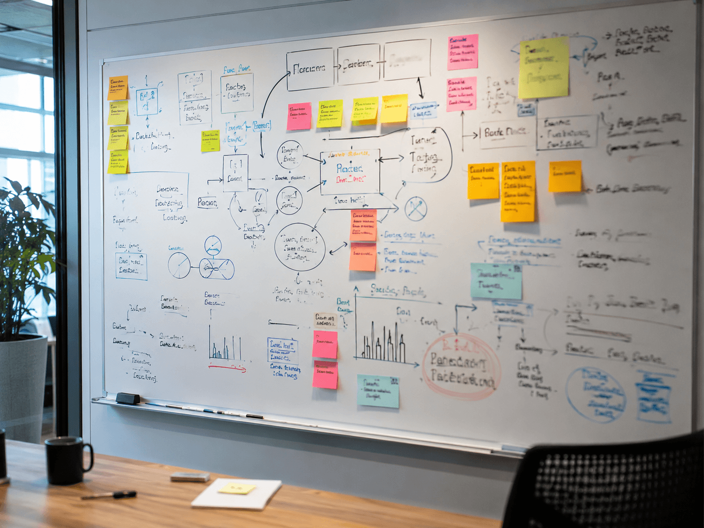 Diagram dan catatan strategi di papan tulis kantor