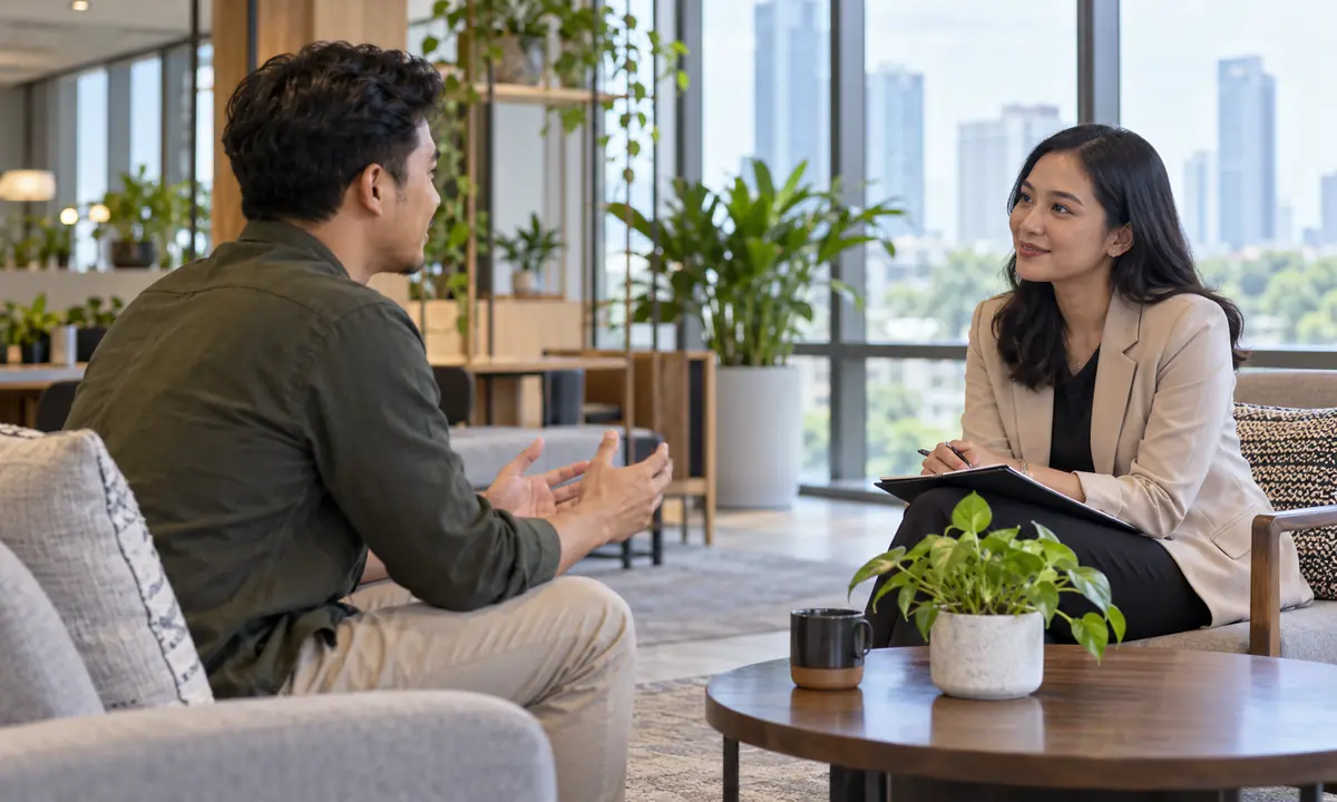 Profesional Indonesia berdiskusi dengan HR dalam exit interview bahasa Inggris