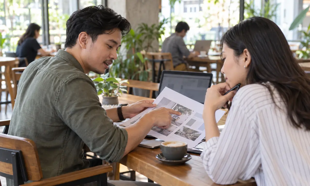 Profesional Indonesia mengklarifikasi detail brief proyek bersama kolega