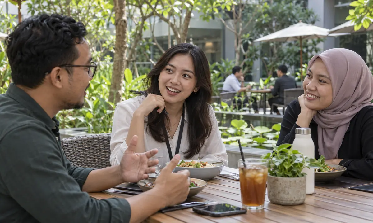 Profesional Indonesia berbincang dengan rekan kerja saat onboarding hari pertama