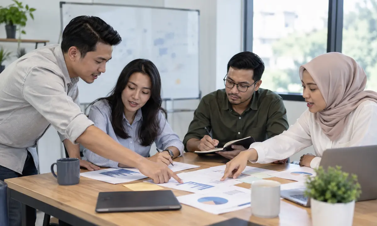 Tim profesional Indonesia mencatat keputusan dan action items untuk minutes of meeting bahasa Inggris
